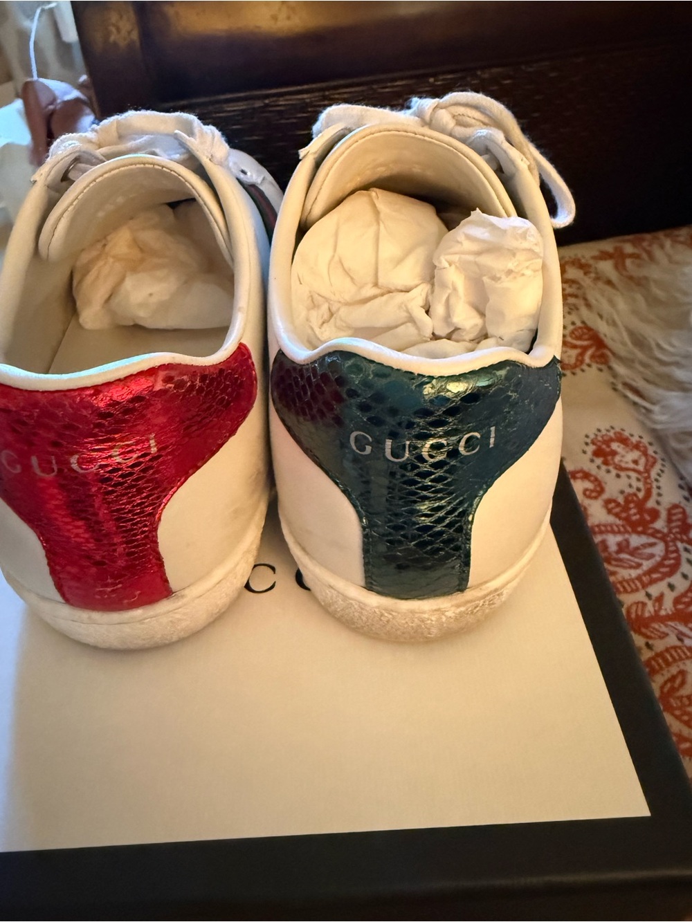 Gucci White Leather Sneakers with Red & Green Metallic Snake-Effect Heels